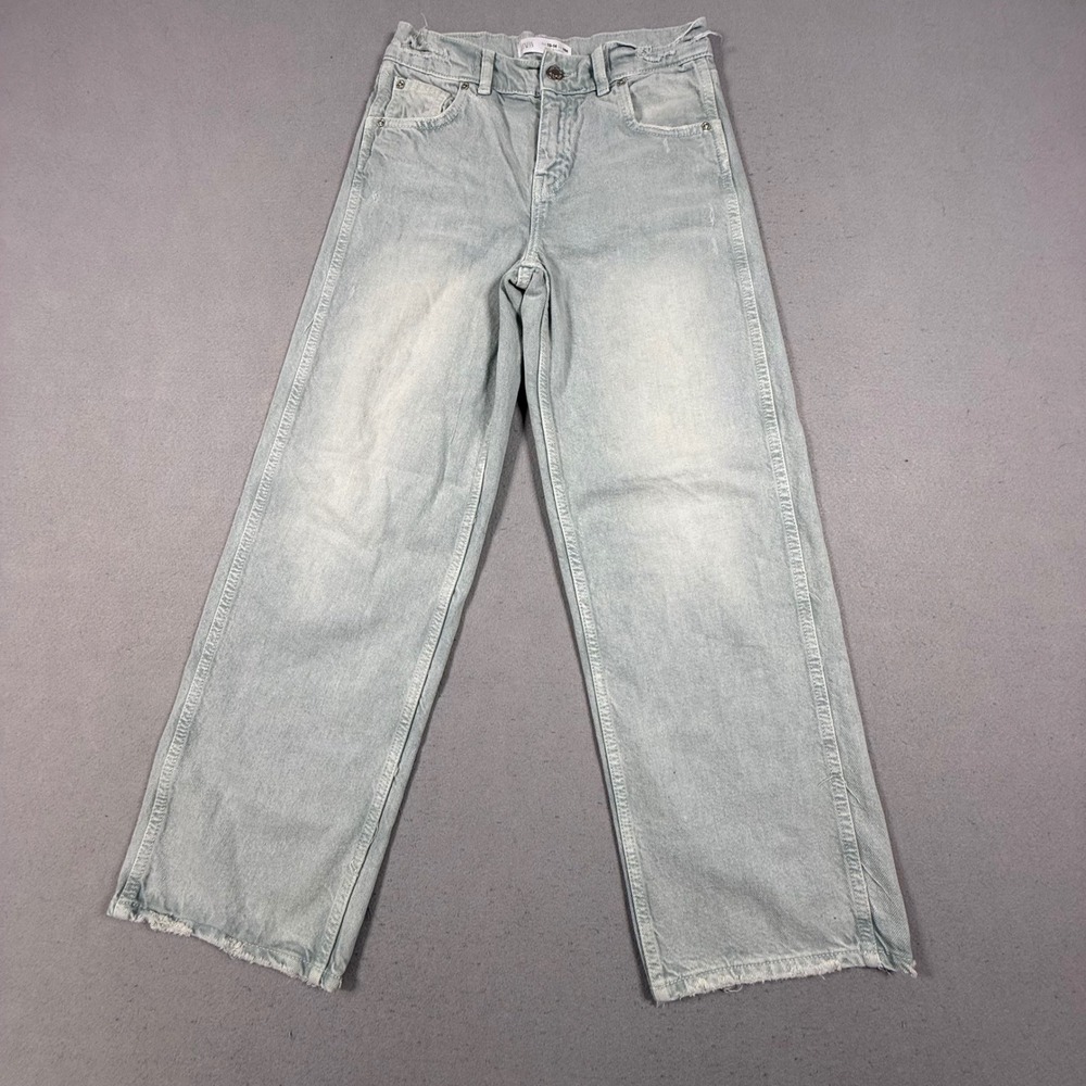 Zara Girls Light Wash Wide Leg Distressed Hem Denim Jeans Size 13-14 164cm
